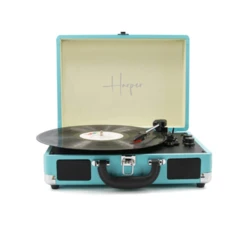 פטיפון מזוודה בלוטוס עם רמקולים בצבע כחול Harper HRT-10