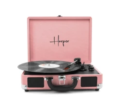 פטיפון מזוודה בלוטוס עם רמקולים בצבע ורוד Harper HRT-10